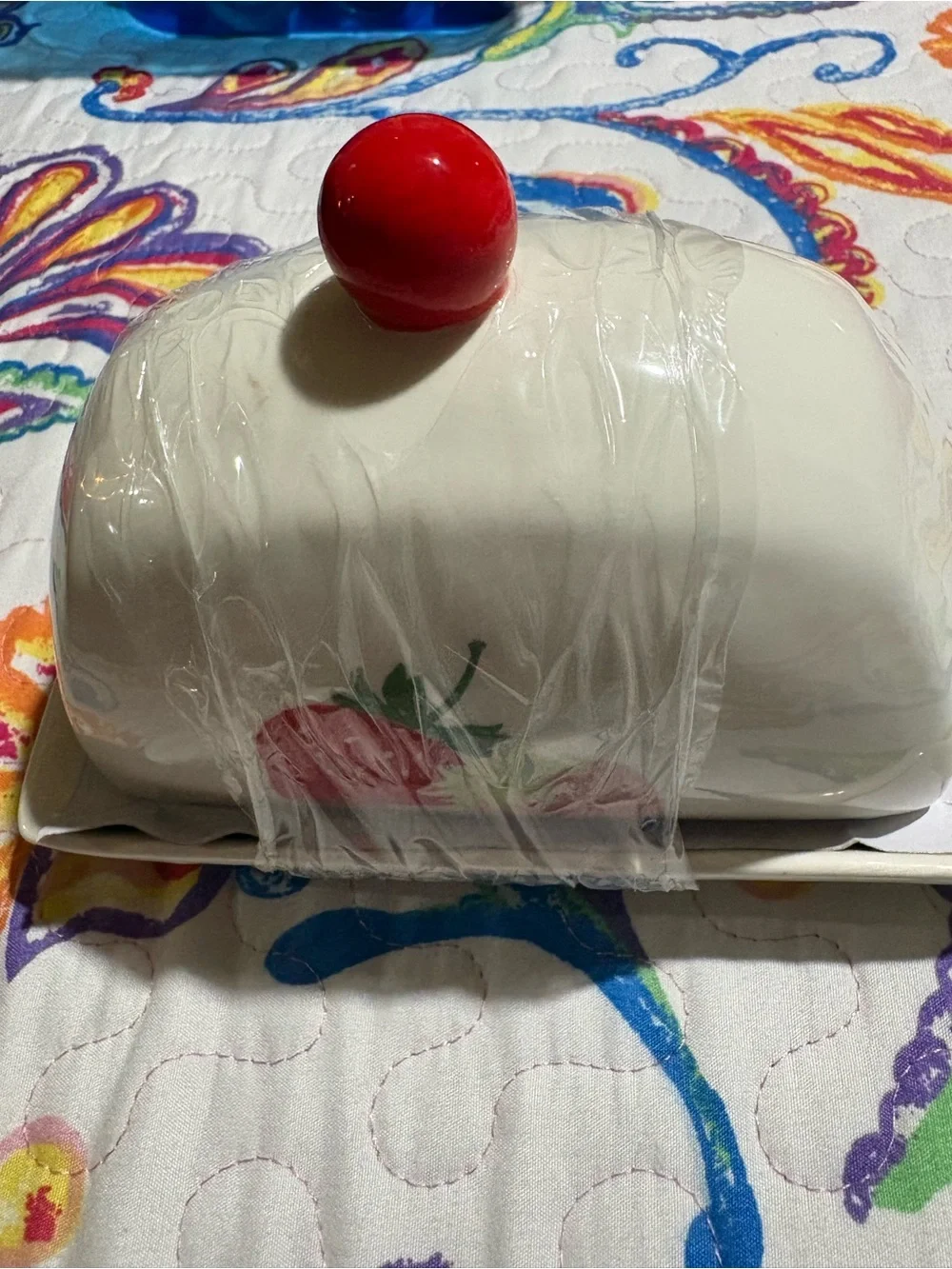 Strawberry Ceramic Butter Dish with Red Knob - Classic Kitchen Storage